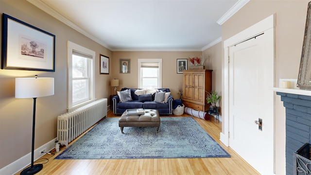 living room featuring radiator heating unit, wood finished floors, and ornamental molding