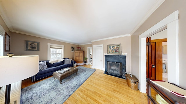 living room with ornamental molding, a fireplace, and wood finished floors