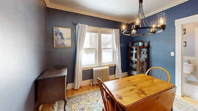 dining area with radiator, crown molding, baseboards, and wood finished floors