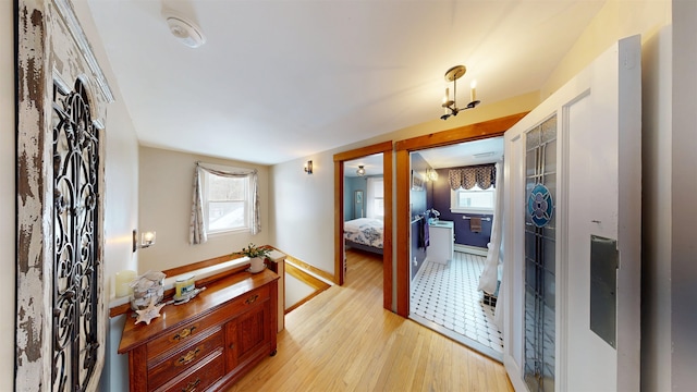 hallway with a healthy amount of sunlight, baseboards, and light wood-style floors