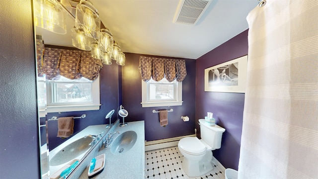 full bathroom featuring vanity, visible vents, curtained shower, toilet, and baseboard heating