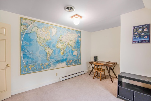 office space featuring a baseboard heating unit, baseboards, visible vents, and light carpet