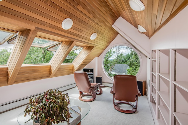 living area featuring a baseboard heating unit, wooden ceiling, carpet floors, and lofted ceiling with skylight