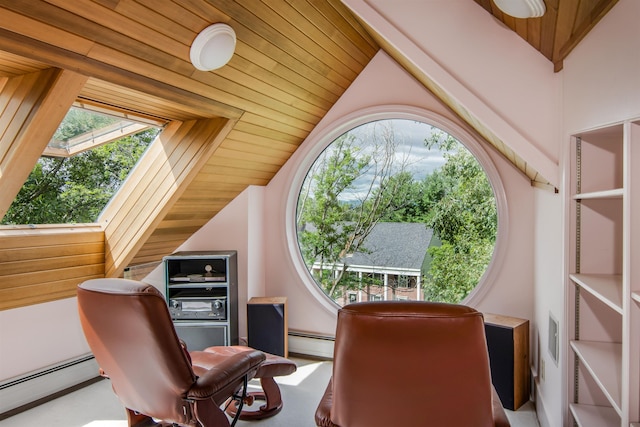 living area featuring plenty of natural light, baseboard heating, and wood ceiling