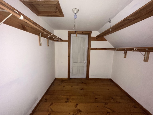 spacious closet featuring lofted ceiling and hardwood / wood-style flooring