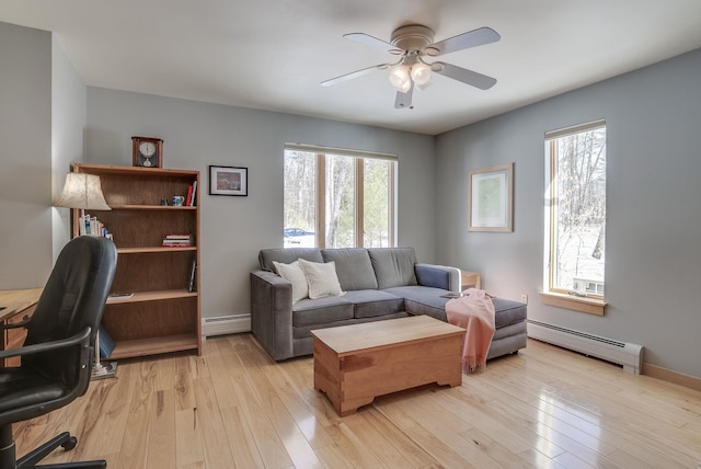 living area with a wealth of natural light, light wood-style floors, and baseboard heating