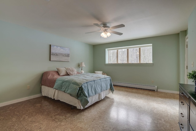 bedroom with ceiling fan, a baseboard heating unit, and baseboards