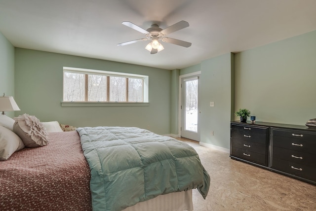 bedroom featuring ceiling fan, baseboards, light carpet, and access to exterior