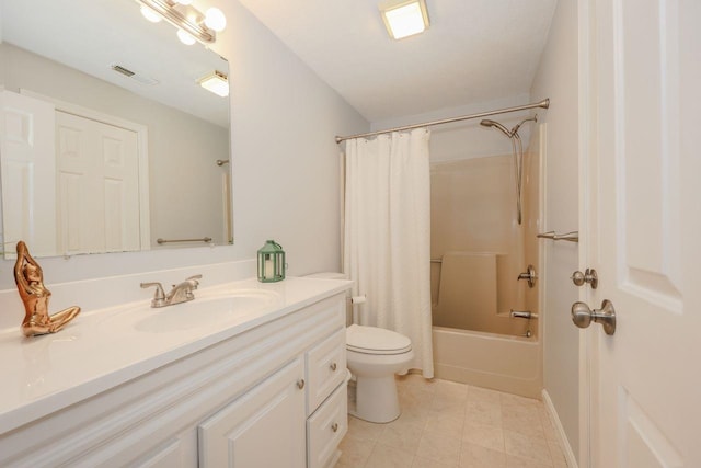 full bathroom featuring visible vents, shower / bathtub combination with curtain, toilet, and vanity