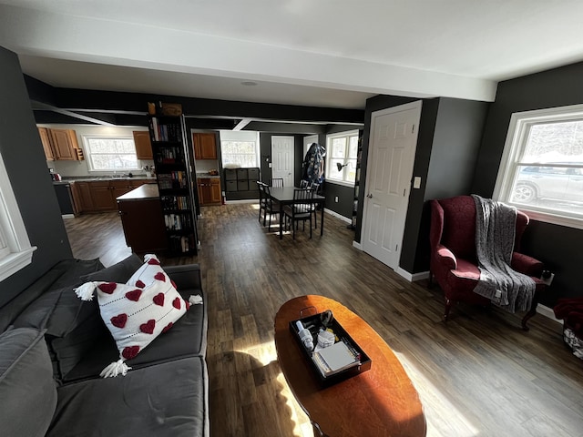 living room with baseboards and dark wood-style floors