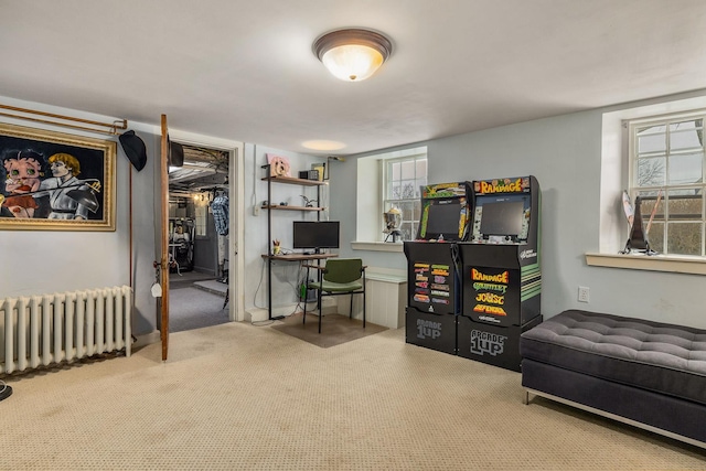 playroom featuring radiator and carpet floors