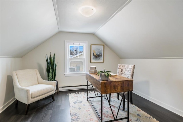 office space with lofted ceiling, dark wood-style floors, baseboards, and baseboard heating