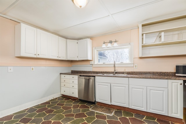 kitchen with baseboards, open shelves, stainless steel appliances, a sink, and white cabinets