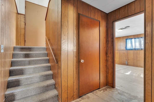 stairway with wooden walls and concrete flooring