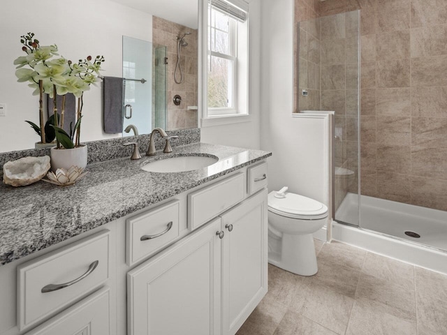 bathroom featuring a shower stall, vanity, and toilet