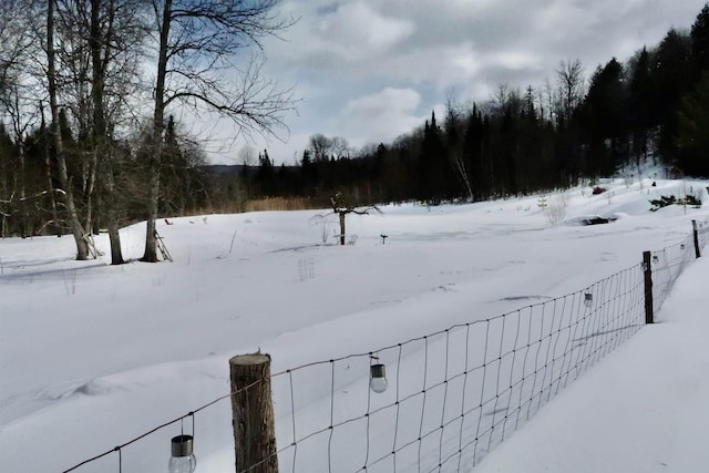 yard layered in snow featuring fence