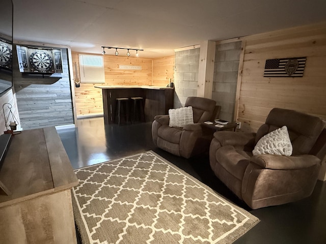 living room featuring wooden walls, wood finished floors, and rail lighting