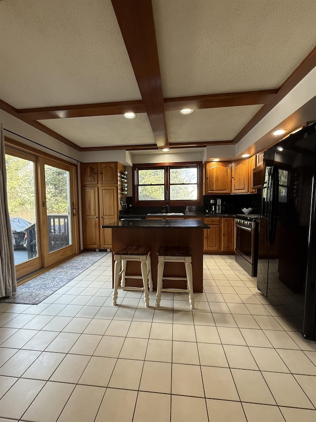 kitchen with a wealth of natural light, stainless steel range with gas cooktop, dark countertops, and freestanding refrigerator