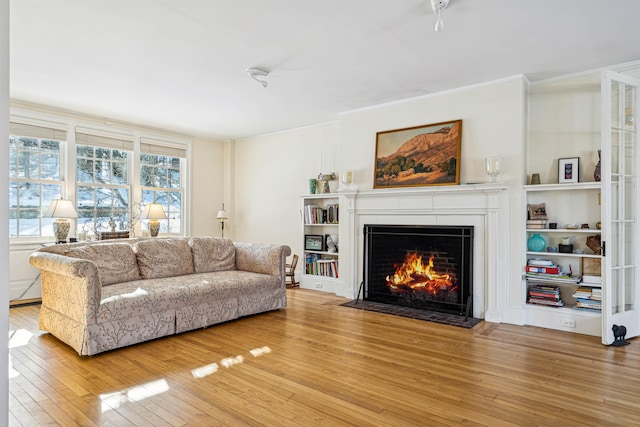 living room with a fireplace with flush hearth and hardwood / wood-style flooring