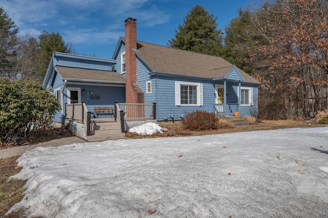 view of front of home featuring a chimney and roof with shingles