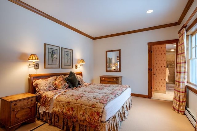 bedroom with baseboards, light colored carpet, baseboard heating, and ornamental molding