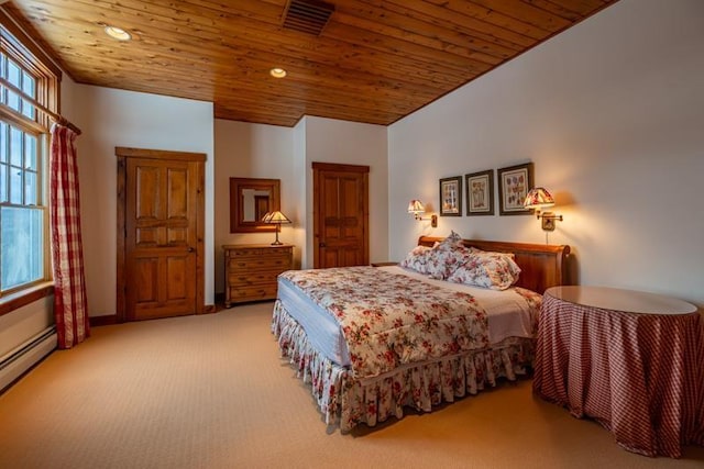 bedroom featuring wooden ceiling, recessed lighting, light colored carpet, and baseboard heating