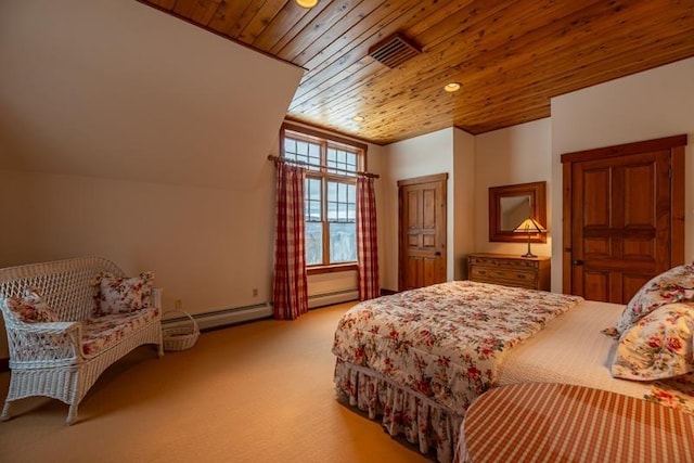 bedroom featuring a baseboard radiator, carpet, wood ceiling, and vaulted ceiling