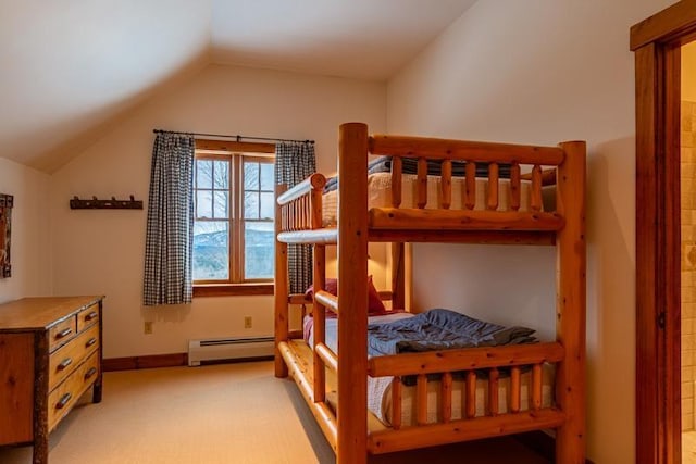 bedroom featuring light colored carpet, a baseboard heating unit, baseboards, and vaulted ceiling