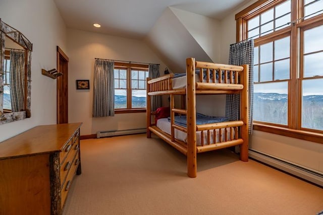 bedroom featuring recessed lighting, baseboard heating, carpet flooring, and vaulted ceiling