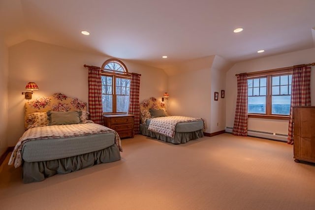 bedroom featuring a baseboard heating unit, baseboards, lofted ceiling, carpet floors, and recessed lighting