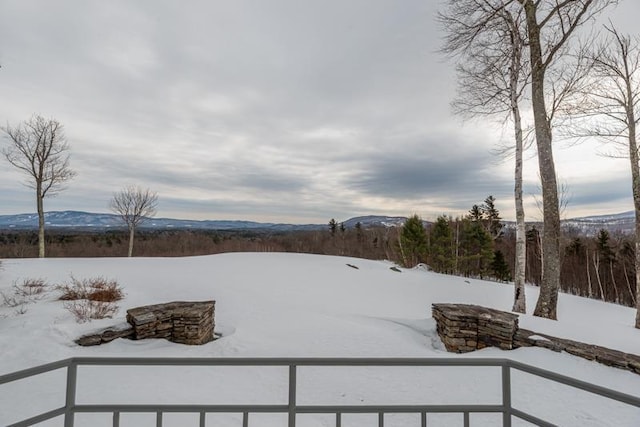 yard layered in snow with a mountain view