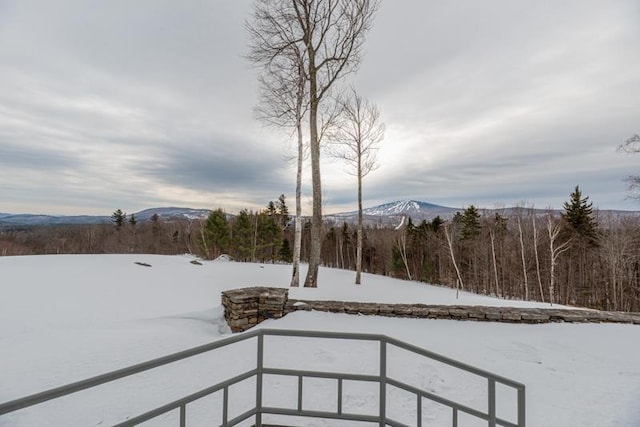 snowy yard featuring a mountain view and a wooded view