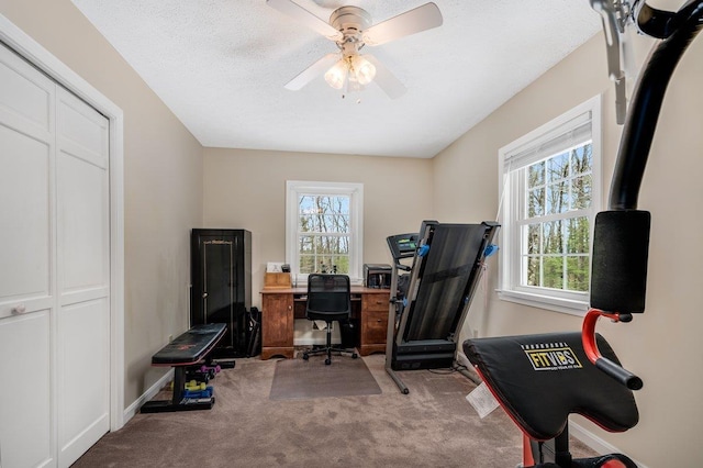 office space with a ceiling fan, carpet flooring, a healthy amount of sunlight, and baseboards