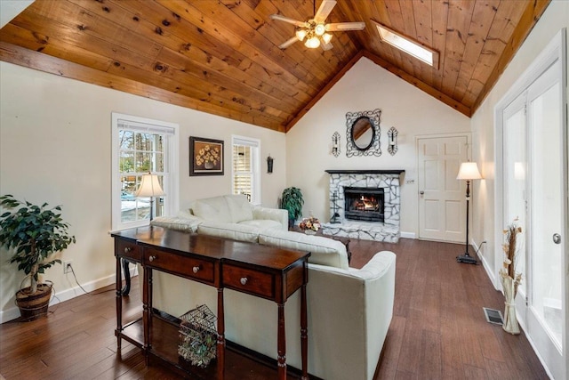 living room featuring lofted ceiling with skylight, wood ceiling, dark wood-style flooring, and visible vents