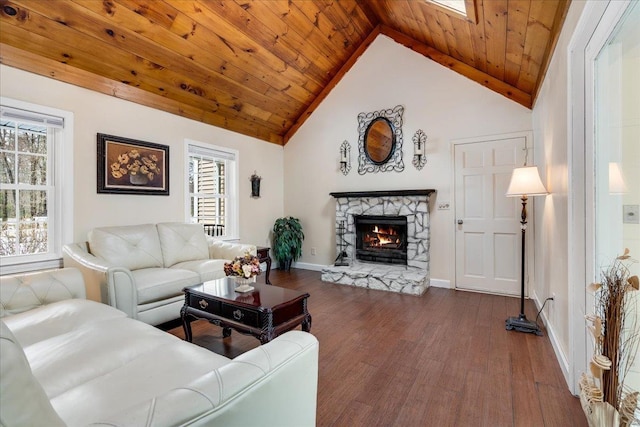 living room featuring high vaulted ceiling, dark wood-type flooring, a fireplace, baseboards, and wood ceiling