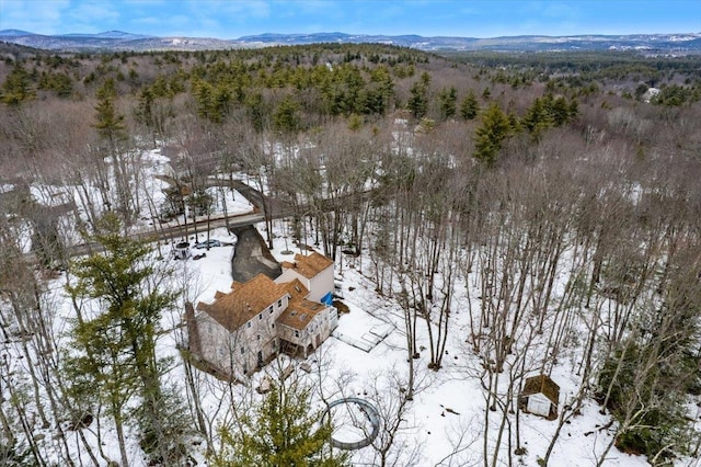 drone / aerial view with a forest view and a mountain view