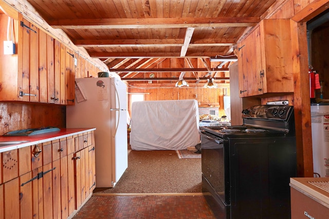 kitchen featuring brick floor, freestanding refrigerator, wood walls, beamed ceiling, and black electric range oven