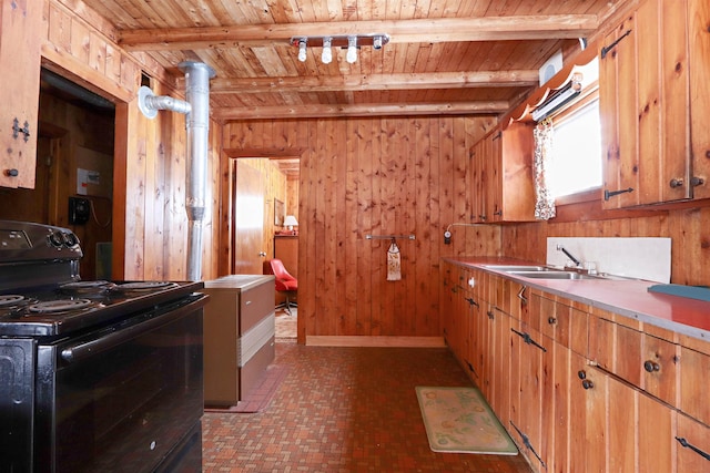 kitchen featuring wood ceiling, black / electric stove, wooden walls, and beam ceiling