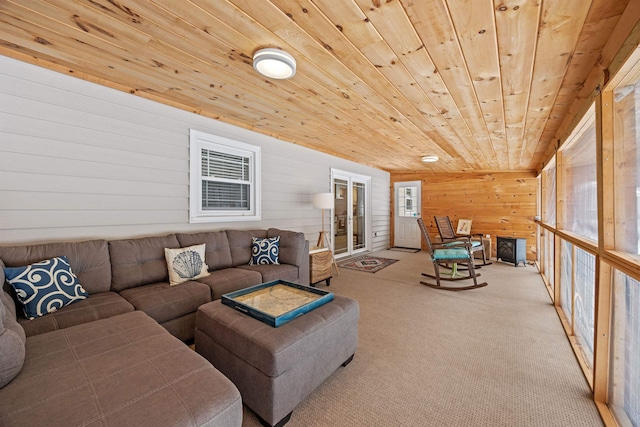 carpeted living area featuring wood ceiling, wood walls, and a healthy amount of sunlight