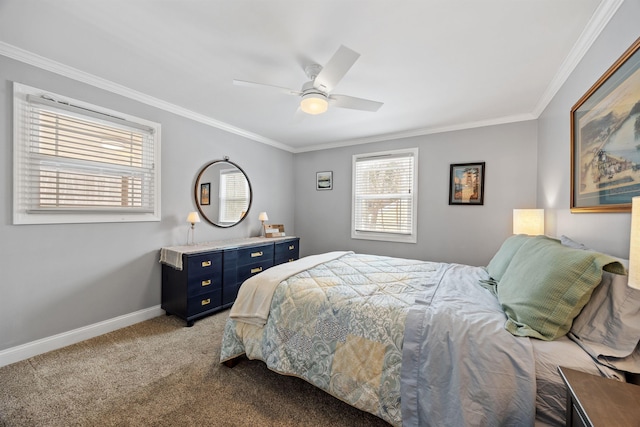 bedroom with crown molding, carpet flooring, baseboards, and ceiling fan