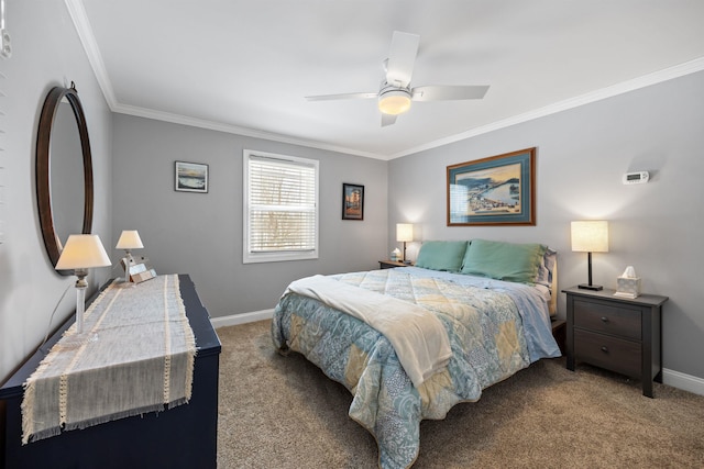 carpeted bedroom with crown molding, baseboards, and ceiling fan