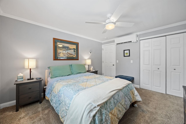 bedroom featuring baseboards, ceiling fan, a wall mounted air conditioner, crown molding, and carpet flooring