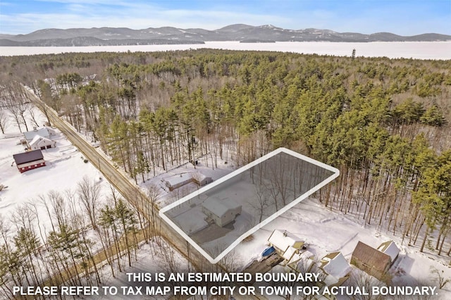 birds eye view of property featuring a wooded view and a mountain view