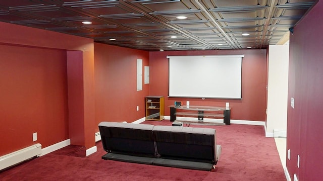 cinema featuring carpet flooring, recessed lighting, baseboards, and baseboard heating