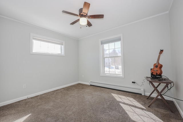 unfurnished room featuring carpet flooring, crown molding, a baseboard heating unit, and baseboards