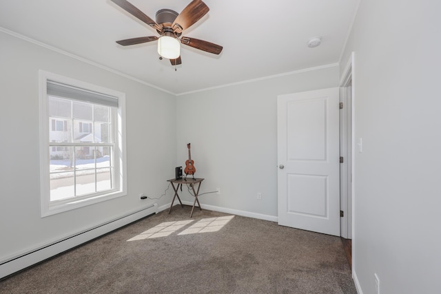 empty room featuring baseboards, carpet floors, ceiling fan, ornamental molding, and baseboard heating