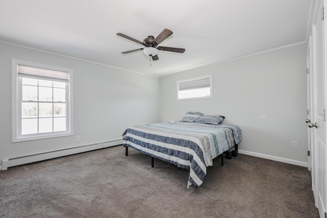 carpeted bedroom featuring ceiling fan, a baseboard heating unit, baseboards, and ornamental molding