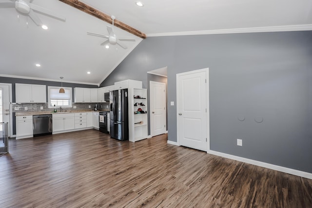 kitchen with gas stove, ceiling fan, dark wood-type flooring, dishwasher, and fridge with ice dispenser