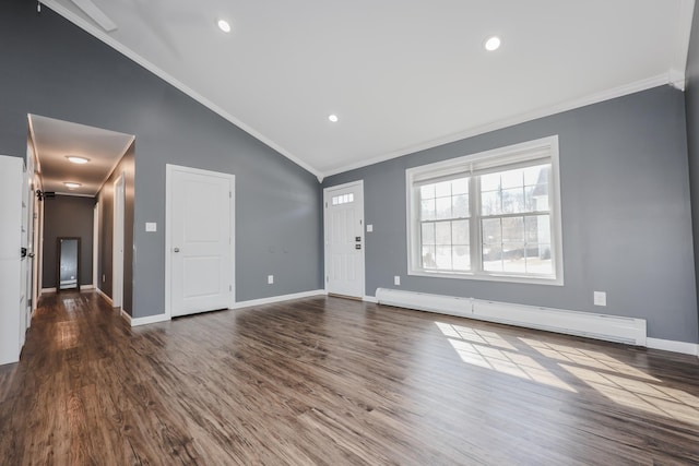 foyer entrance featuring a baseboard heating unit, baseboards, dark wood-type flooring, and crown molding