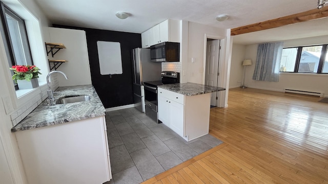 kitchen featuring a sink, white cabinetry, baseboard heating, and stainless steel appliances